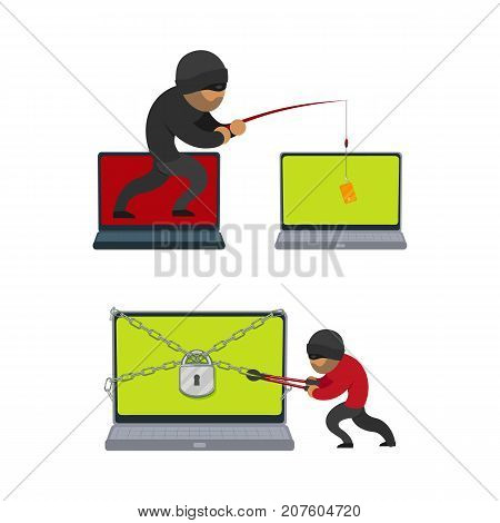 vector flat cyber theft set. Hacker stealing card from private laptop by fishing rod, Bandit cutting chain, lock which protects laptop with bolt cutter. Isolated illustration on white background.