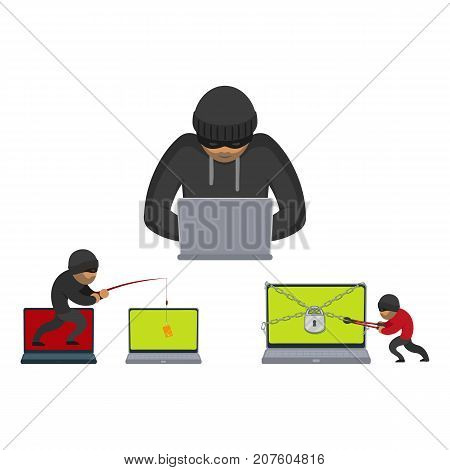 vector flat cyber theft set. Hacker stealing card from private laptop by fishing rod, Bandit cutting chain, lock which protects laptop with bolt cutter. Isolated illustration on white background.