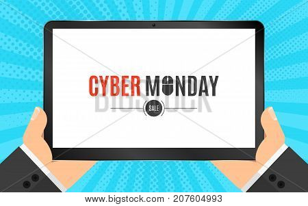 Modern computer tablet in hand with the inscription cyber Monday sale. Blue background with rays and halftone effect. Cartoon hands in a flat style. Great sale. Vector illustration