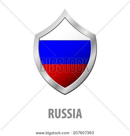 Russia Flag On Metal Shiny Shield Vector Illustration.