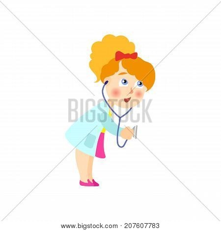 Little girl in white medical gown playing doctor with stethoscope, cartoon vector illustration isolated on white background. Cartoon little girl in white gown playing doctor, using stethoscope