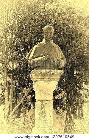 Bronze Bust of the Pope Paulus Sixth on the Mount Tabor in Israel Stylized Photo