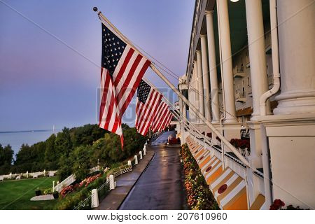 MACKINAC ISLAND, MICHIGAN - SEPTEMBER 13, 2017:  The historic Grand Hotel, built in 1887, is the premiere landmark on Mackinac Island.