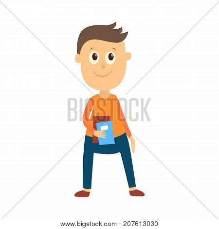 vector flat cartoon male character - cute boy pupil, schoolkid standing smiling holding books in hands. Isolated illustration on a white background.