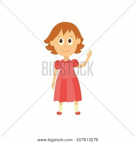 vector flat cartoon style female character - cute cheerful brunette girl pupil, schoolkid standing smiling in pink dress. Isolated illustration on a white background.