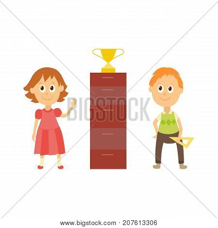 vector flat cartoon male character - cute boy and girl pupil, schoolkid standing smiling holding triangle, workbooks in hands near golden cup. Isolated illustration on a white background.
