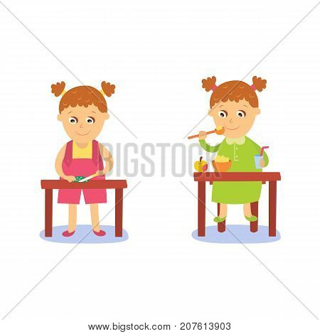 vector flat girl kid doing everyday routine activity set. Child eating porridge ant apple at table, peeling begetable. Isolated illustration on a white background.
