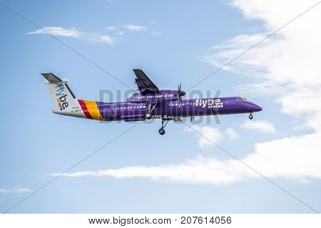 DUESSELDORF , GERMANY - OCTOBER 05 2017: Airline Flybe Bombadier Dash 8 Q400 landing at Dusseldorf Airport