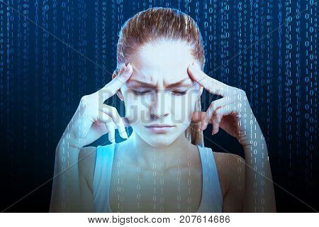 Pensive young woman on abstract blue background with binary code stream. Innovation concept. Double exposure