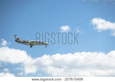 DUESSELDORF , GERMANY - OCTOBER 05 2017: Toyo Aviation Cessna 560XL Citation XLS landing at Dusseldorf Airport