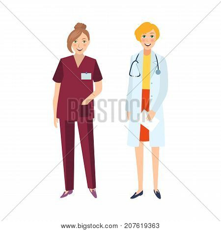 Two female doctors, therapist in white coat and nurse in medical gowns, hospital staff, flat cartoon vector illustration isolated on white background. Flat cartoon female doctor and nurse