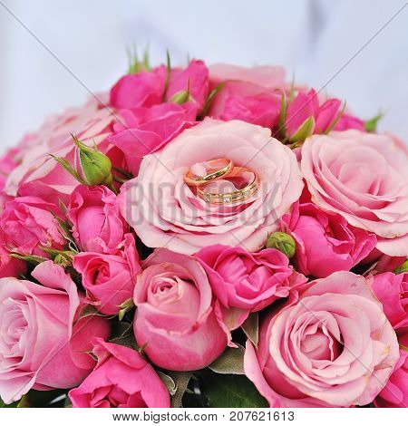 Wedding flowers bridal bouquet closeup. Decoration made of roses