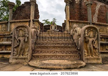 Vatadage or circular relic house in Polonnaruwa ruins. Unesco world heritage on Sri Lanka.