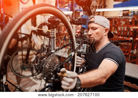 Mechanic repairing bicycle in his workshop. Bicycle service.