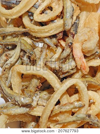 Background Of Many Fried Fish With Shrimp