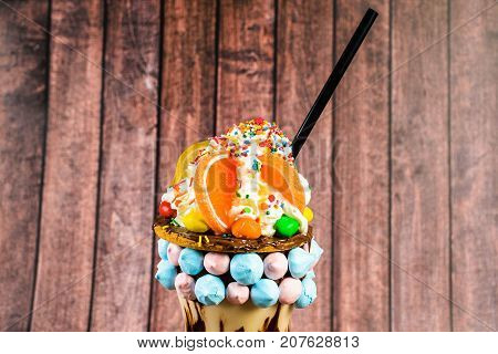Chocolate Freakshake With Meringue, Chocolate, Biscuits, Marshmallows And Sweets