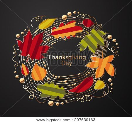 Illustration for Thanksgiving Day with ornate wreath of tree leaves. In golden execution