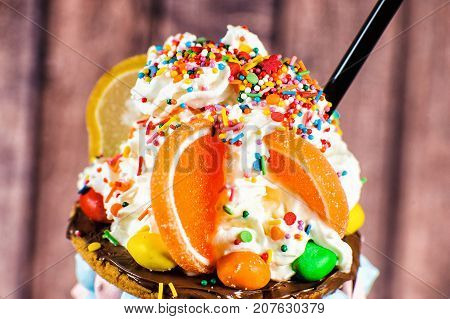 Chocolate Freakshake With Meringue, Chocolate, Biscuits, Marshmallows And Sweets
