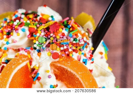 Chocolate Freakshake With Meringue, Chocolate, Biscuits, Marshmallows And Sweets