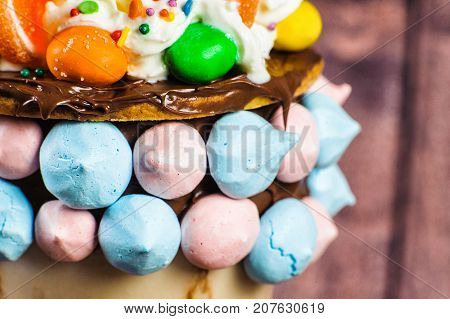 Chocolate Freakshake With Meringue, Chocolate, Biscuits, Marshmallows And Sweets