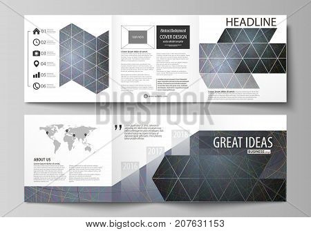 Business templates for tri fold square design brochures. Leaflet cover. Colorful dark background with abstract lines. Bright color chaotic, random, messy curves. Colourful vector layout