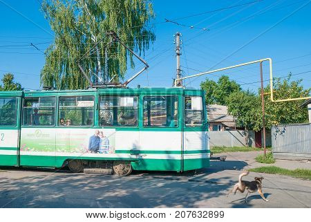 Konotop UKRAINE -August 5 2013: Electric tram in the city of KonotopSumy region Ukraine