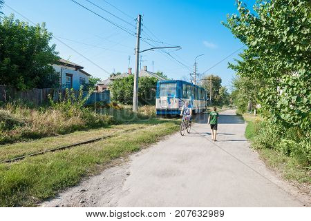 Konotop, UKRAINE, August 5 ,2013: Electric tram in the city of Konotop, Sumy region, Ukraine