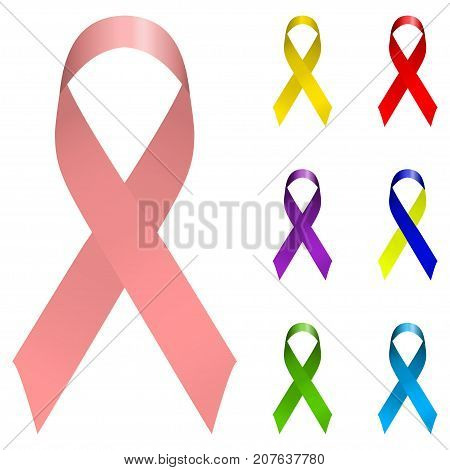 Vector ribbon holiday set. Bright colorful Icon logo collection isolated on white background. Breast canser awarness, world aids day, down syndrome symbols