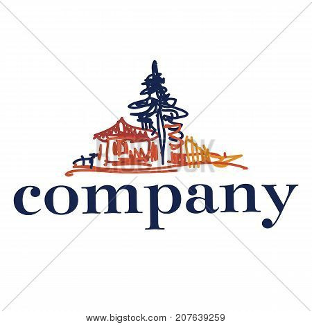 Hand drawn logo with wooden village house and fance at the edge of forest
