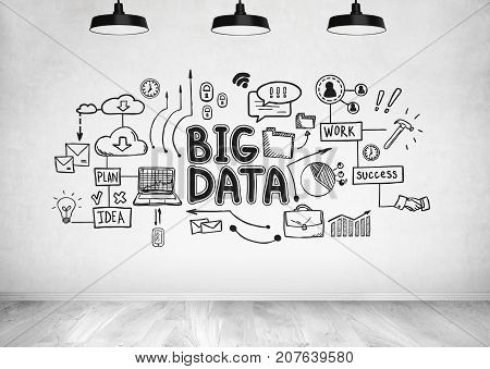 Black big data sketch drawn on a conrete wall in a room with lamps. Concept of hi tech and innovation in business and production.