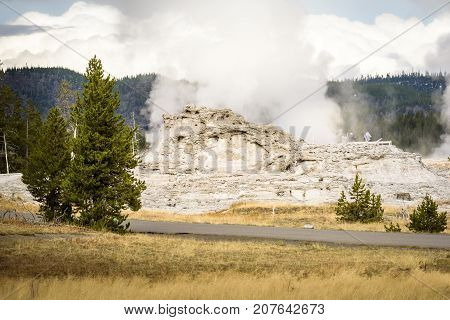 Castle Geyser on the Upper Geyser Basin next to Old Faithful at Yellowstone National Park