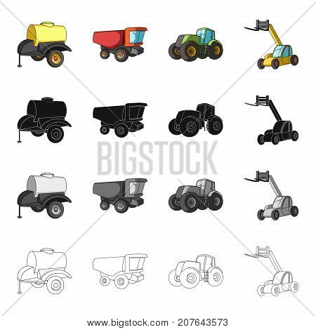 A barrel with water, a trailer, a dumper, an agricultural tractor, a forklift. Different kinds of agricultural machinery set collection icons in cartoon black monochrome outline style vector symbol stock isometric illustration .