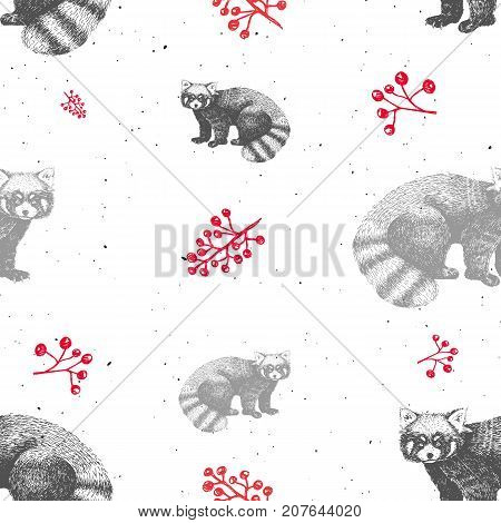 Cute red panda hand drawn detalied image. Black and white pattern with red berries. Christmas, winter background for packaging. textile or other design.