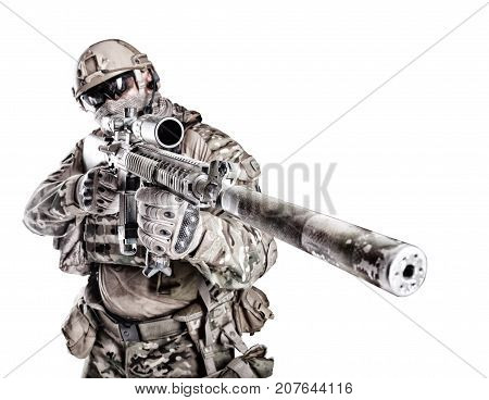 Half length low angle studio shot of big muscular soldier in field uniforms with sniper rifle, portrait isolated on white background lot of copyspace. Protective goggles glasses are on