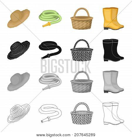 Farm hat, watering hose, basket, rubber boots. Farm and vegetable garden set collection icons in cartoon black monochrome outline style vector symbol stock isometric illustration .