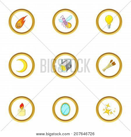 Light source icons set. Cartoon style set of 9 light source vector icons for web design