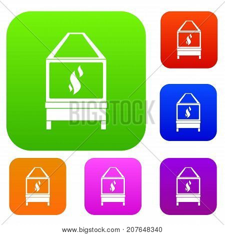 Blacksmith oven with flame fire set icon color in flat style isolated on white. Collection sings vector illustration
