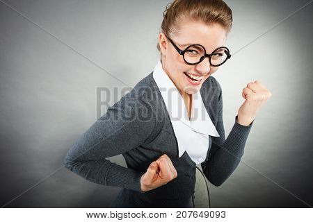 Work job company promotion celebration concept. Cheerful office lady expressing joy. Happy secretary celebrating proffesional success.