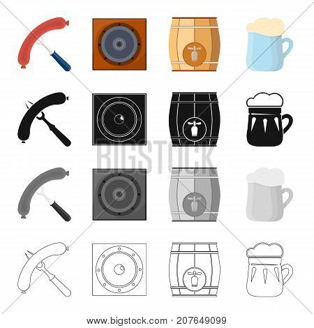 Sausage on the fork, musical speaker in the pub, wooden barrel with beer, beer mug. Pab and party set collection icons in cartoon black monochrome outline style vector symbol stock illustration .