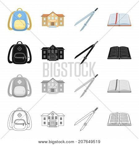 School backpack, college building, compasses, open book. School and learning set collection icons in cartoon black monochrome outline style vector symbol stock isometric illustration .