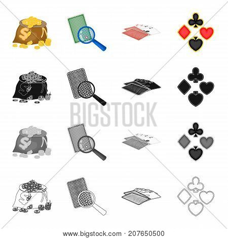 A bag of coins, a marked card, a deck of playing cards in the casino, a card suit. Casino set collection icons in cartoon black monochrome outline style vector symbol stock isometric illustration .