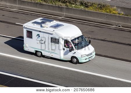 Frankfurt Germany - Sep 19 2017: Weinsberg Imperiale mobile home driving on the highway in Germany
