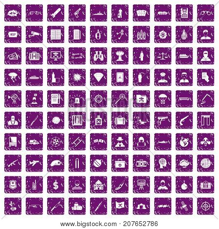 100 antiterrorism icons set in grunge style purple color isolated on white background vector illustration