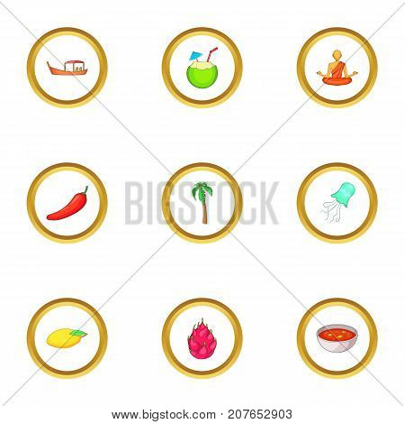 Thailand attraction icons set. Cartoon style set of 9 Thailand attraction vector icons for web design