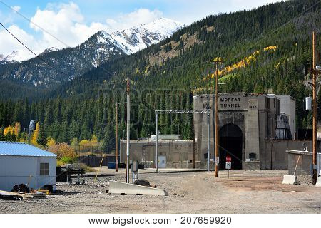Moffat Tunnel Mountain Railroad Tunnel with Snow Capped Peaks