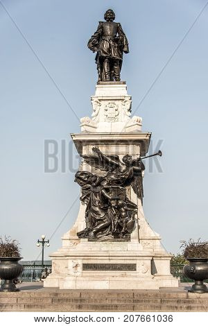 Statue of Samuel de Champlain against blue summer sky in the historic area founder of Quebec City, Canada