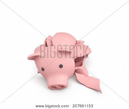 3d rendering of a pink ceramic piggy bank completely broken up into several large pieces. Saving money. Bank insurance. Loss of investment.