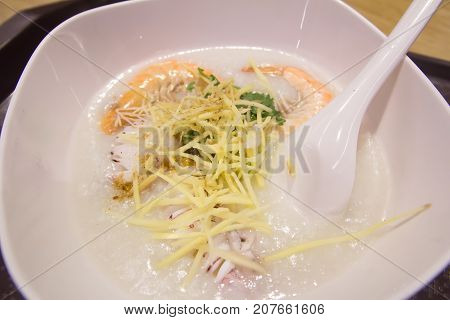 Close up delicious shrimp porridge on bowl