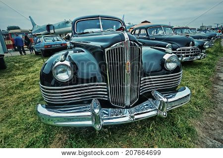 KYIV, UKRAINE - OCTOBER 2017: Soviet luxury vintage car black ZIS-110 is presented at the 