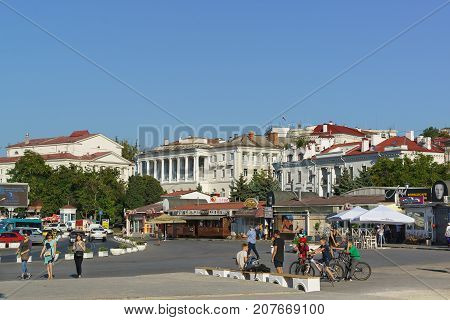 Russia Crimea Sevastopol - September 03.2017: the Area of the tercentenary of the Russian Fleet in the Central district of Sevastopol. Artillery Bay. Sunny day